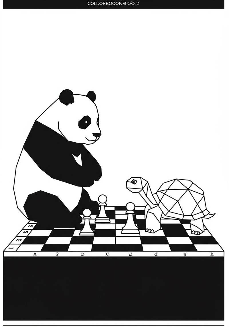 Página para colorear de un panda y una tortuga sentados en un tablero de ajedrez, jugando ajedrez.