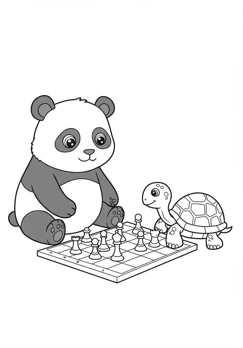 Página para colorear de un panda lindo y una tortuga jugando ajedrez en un tablero.