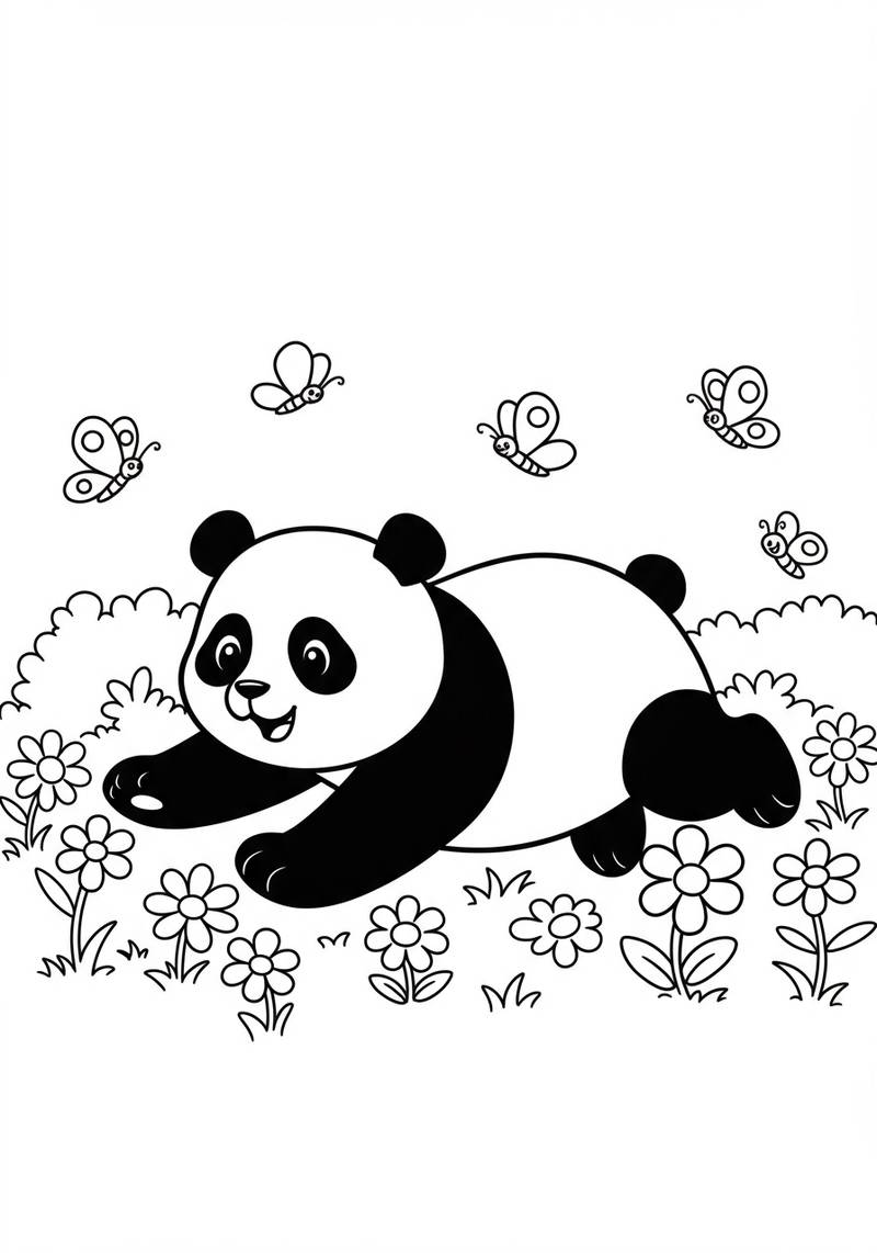 Página para colorear de un adorable panda acostado en el suelo, rodeado de flores y mariposas volando.