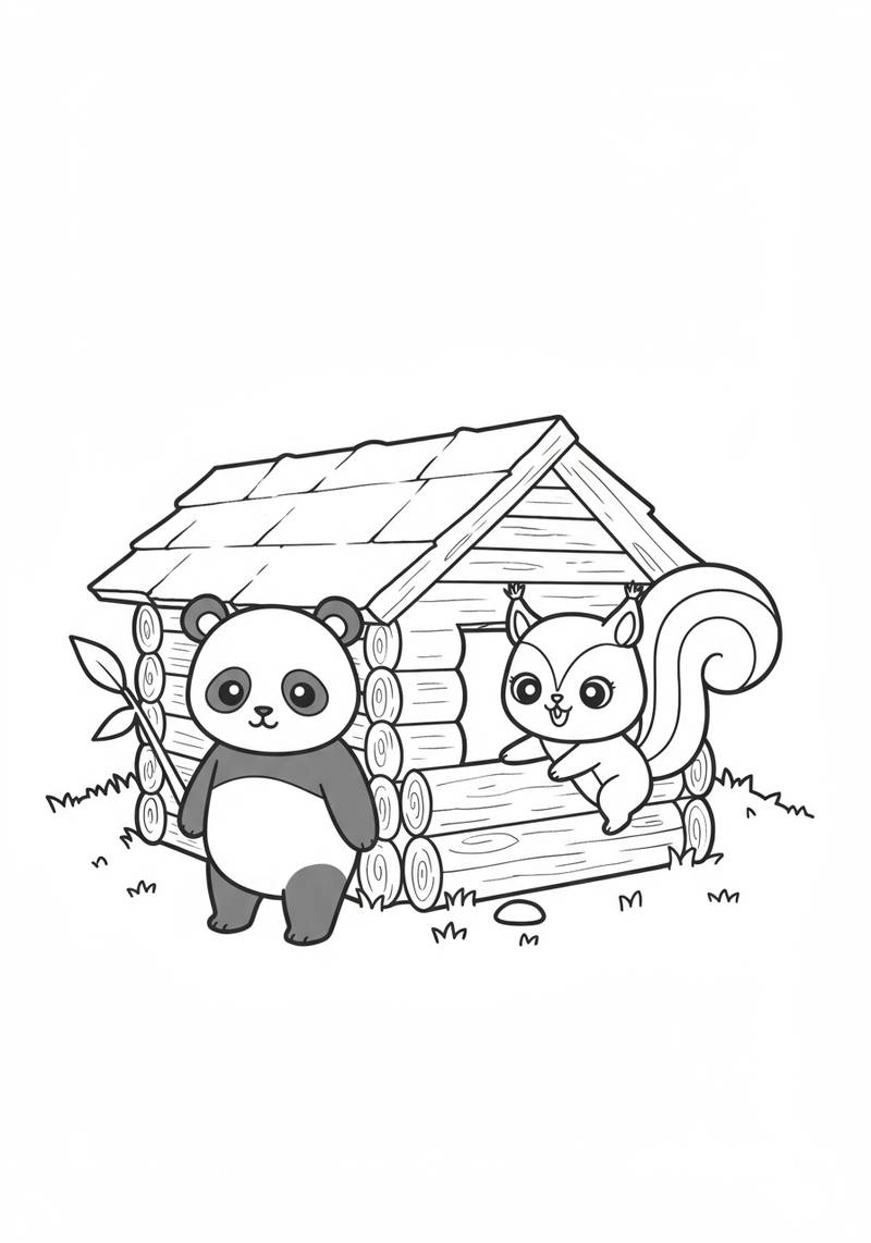 Página para colorear de una cabaña de madera con un panda y una ardilla.