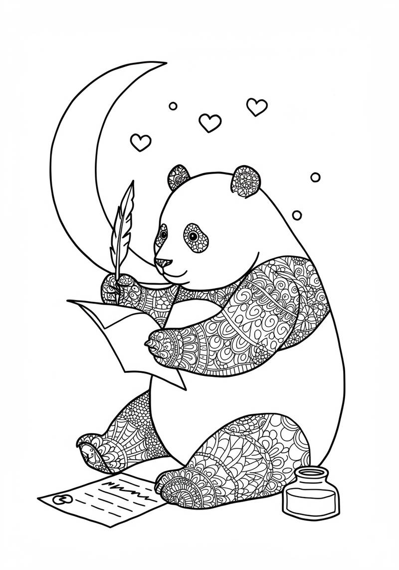 Página para colorear de un panda sentado con una luna en el fondo y corazones flotando arriba.