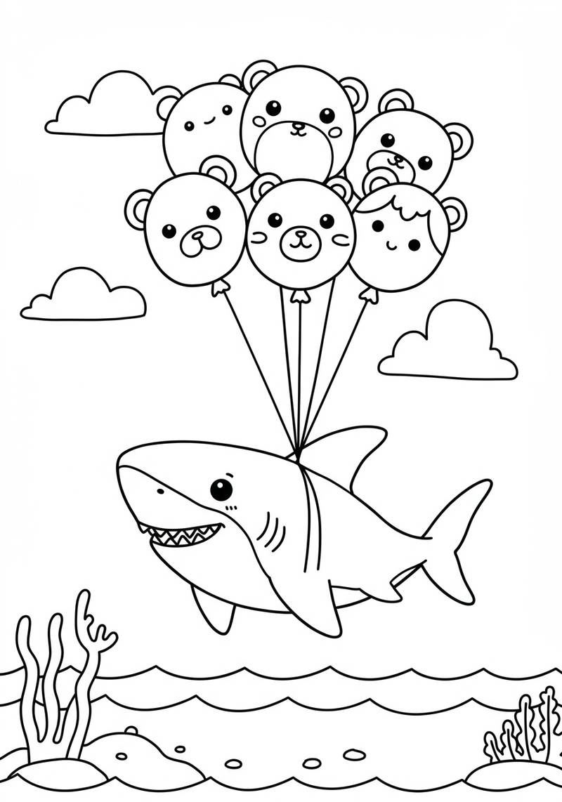 Página para colorear de un tierno bebé tiburón sosteniendo globos con caras de oso, flotando sobre el agua.