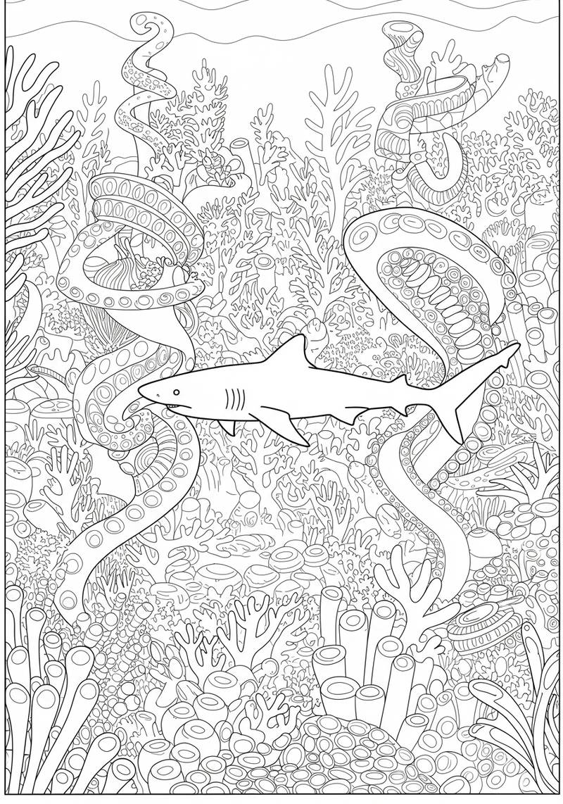 Página para colorear de un tiburón nadando en un océano con un pulpo y algas marinas.