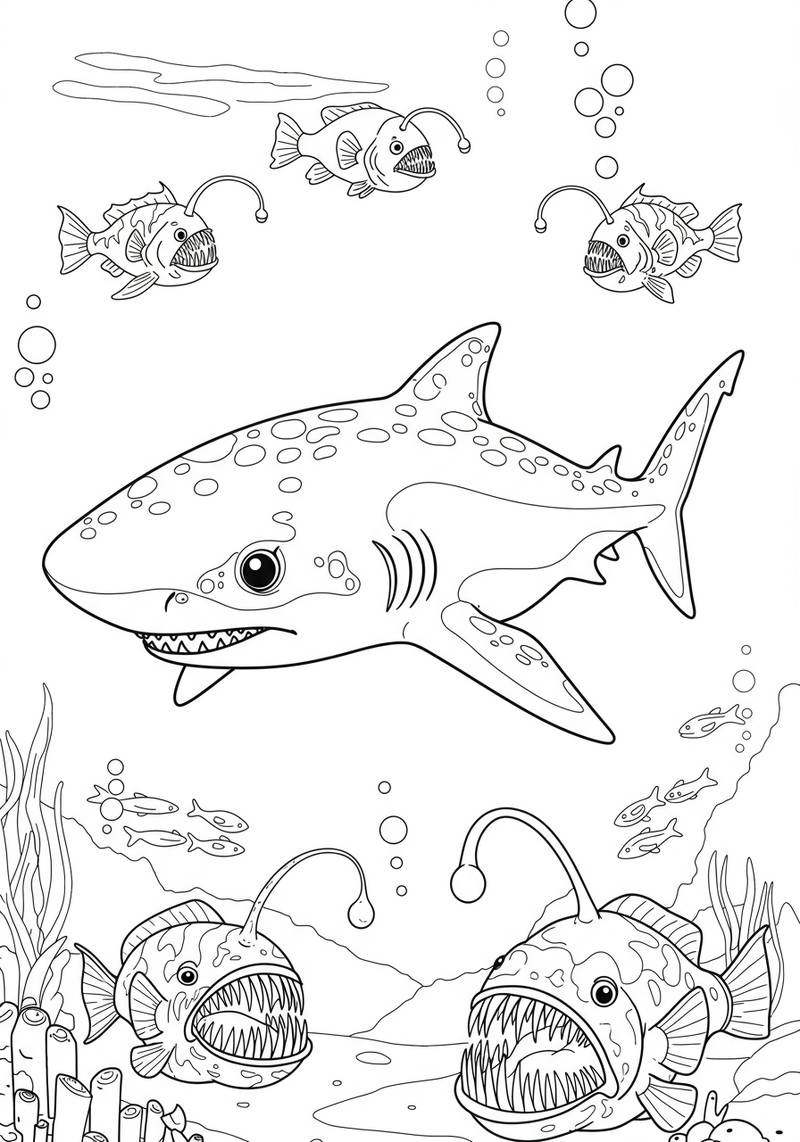 Página para colorear de un tiburón gigante con pequeños peces linterna rodeándolo en una escena submarina.