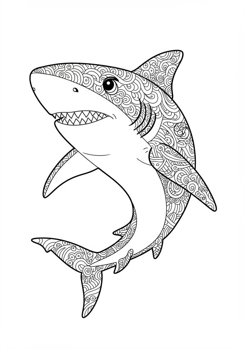 Página para colorear en blanco y negro de un tiburón con patrones detallados en su cuerpo.