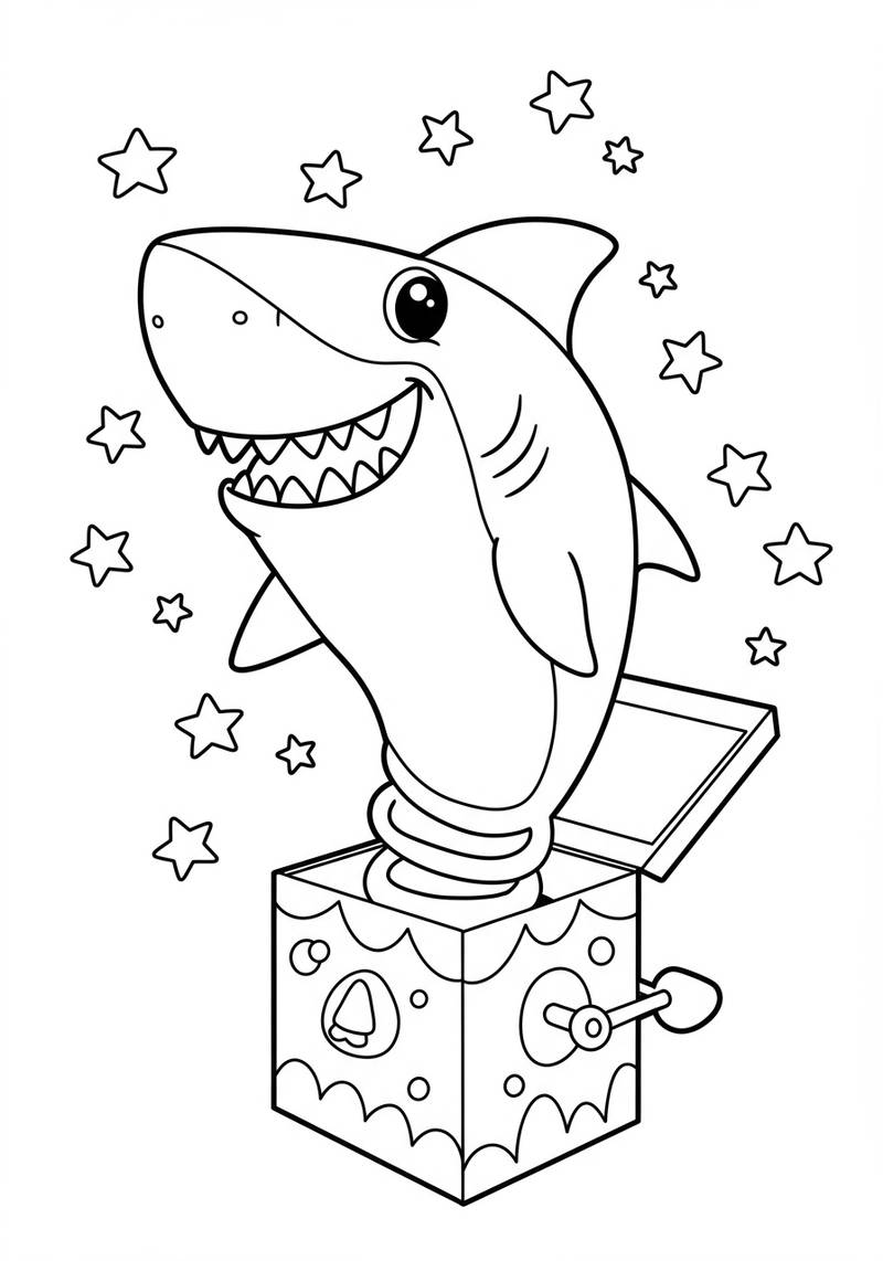 Página para colorear de un dinosaurio feliz saliendo de una caja decorada.