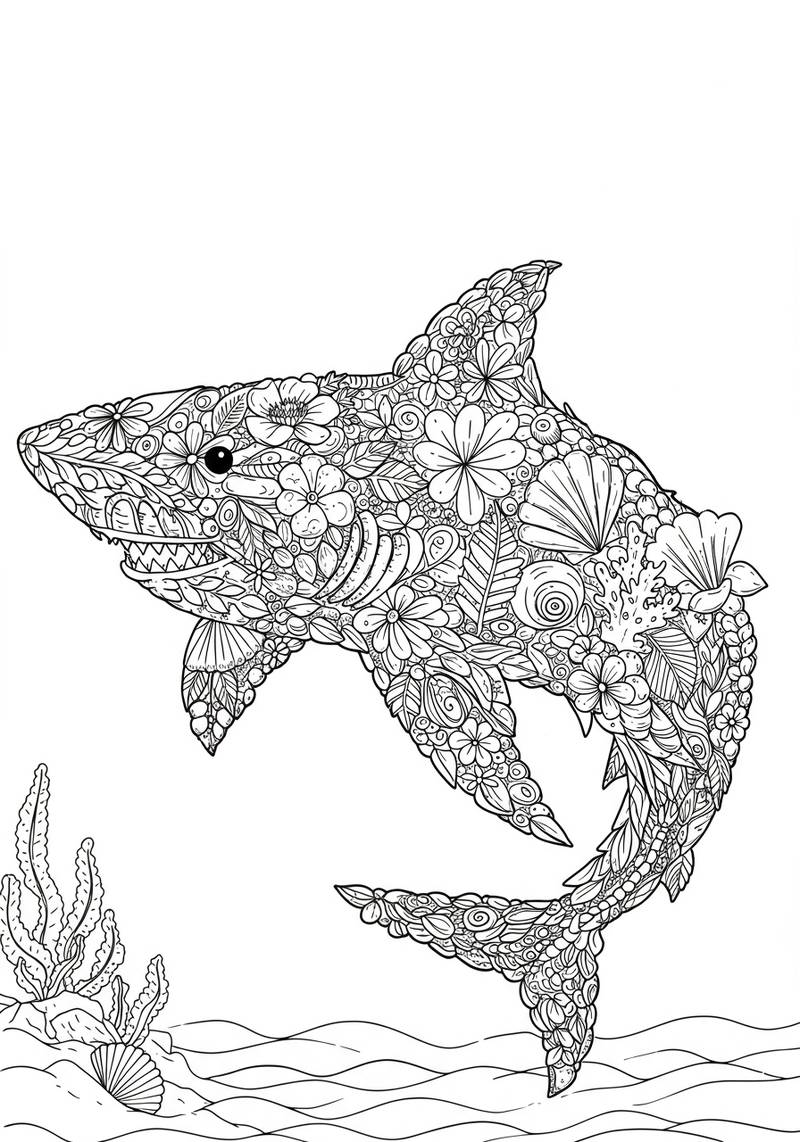 Página para colorear de un delfín llena de diseños florales y de algas.