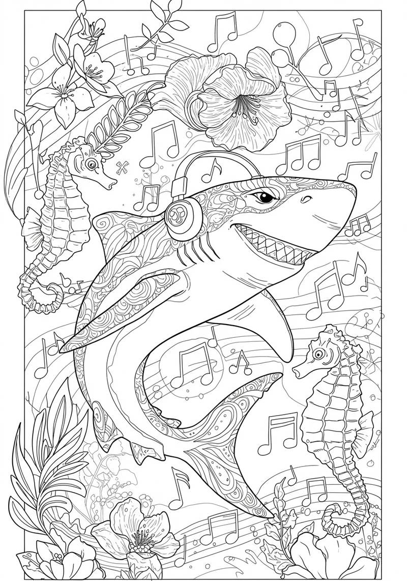 Página para colorear con un delfín usando auriculares, rodeado de caballitos de mar, flores y notas musicales.