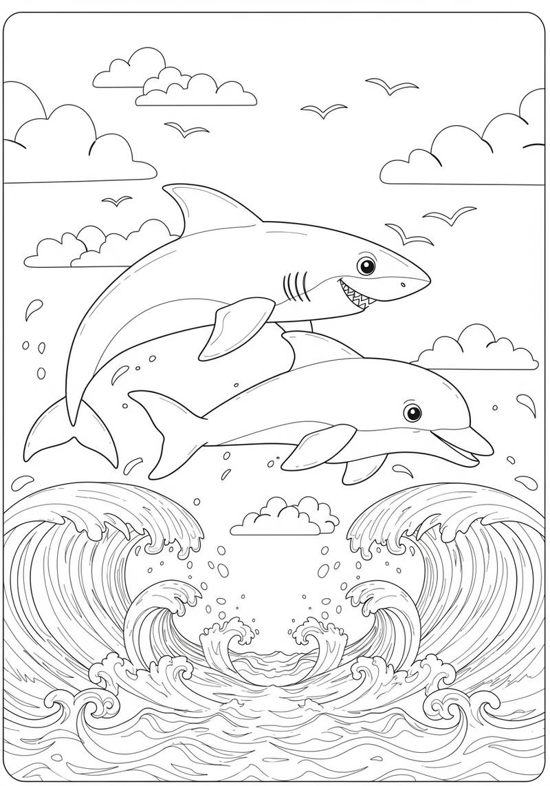 Página para colorear de dos delfines saltando del mar con olas y nubes en el fondo.