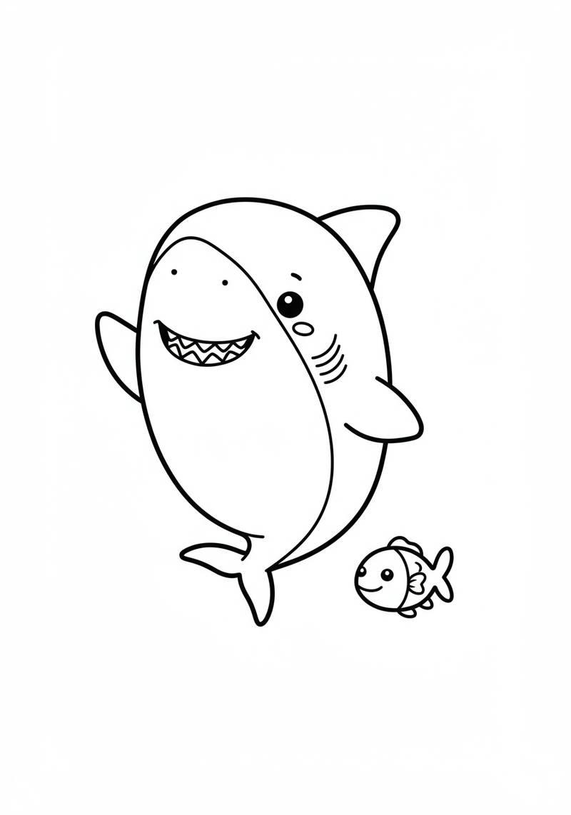 Página para colorear de un tiburón sonriendo con un pez pequeño a su lado.