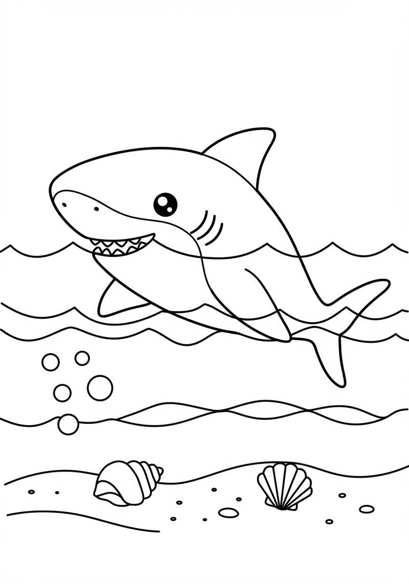 Página para colorear de un tiburón amigable nadando en el océano con conchas en el fondo marino.