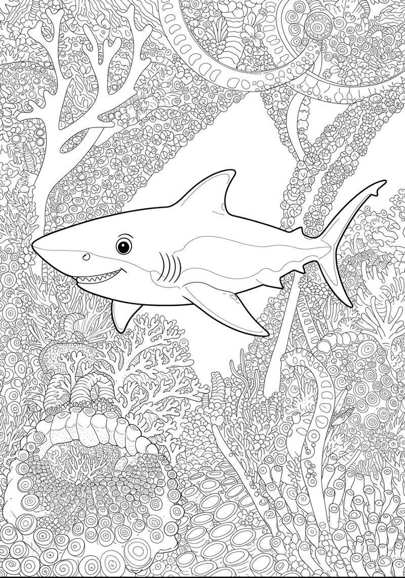 Página para colorear de un gran tiburón blanco nadando entre corales y plantas marinas.