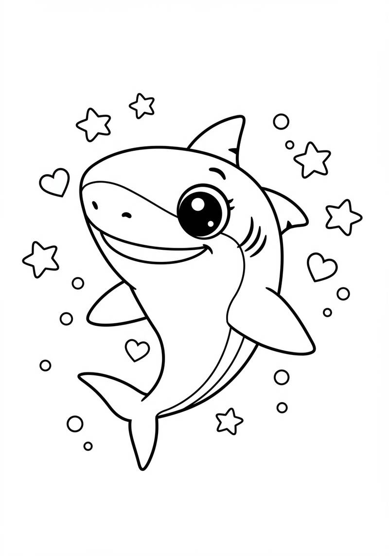 Página para colorear de un tiburón sonriente rodeado de estrellas y corazones.