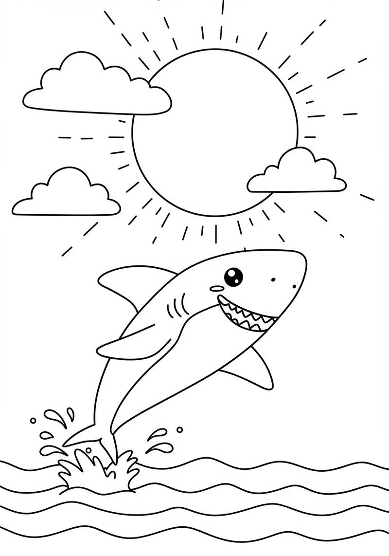 Página para colorear de un tiburón sonriente saltando del océano con el sol y las nubes en el cielo.
