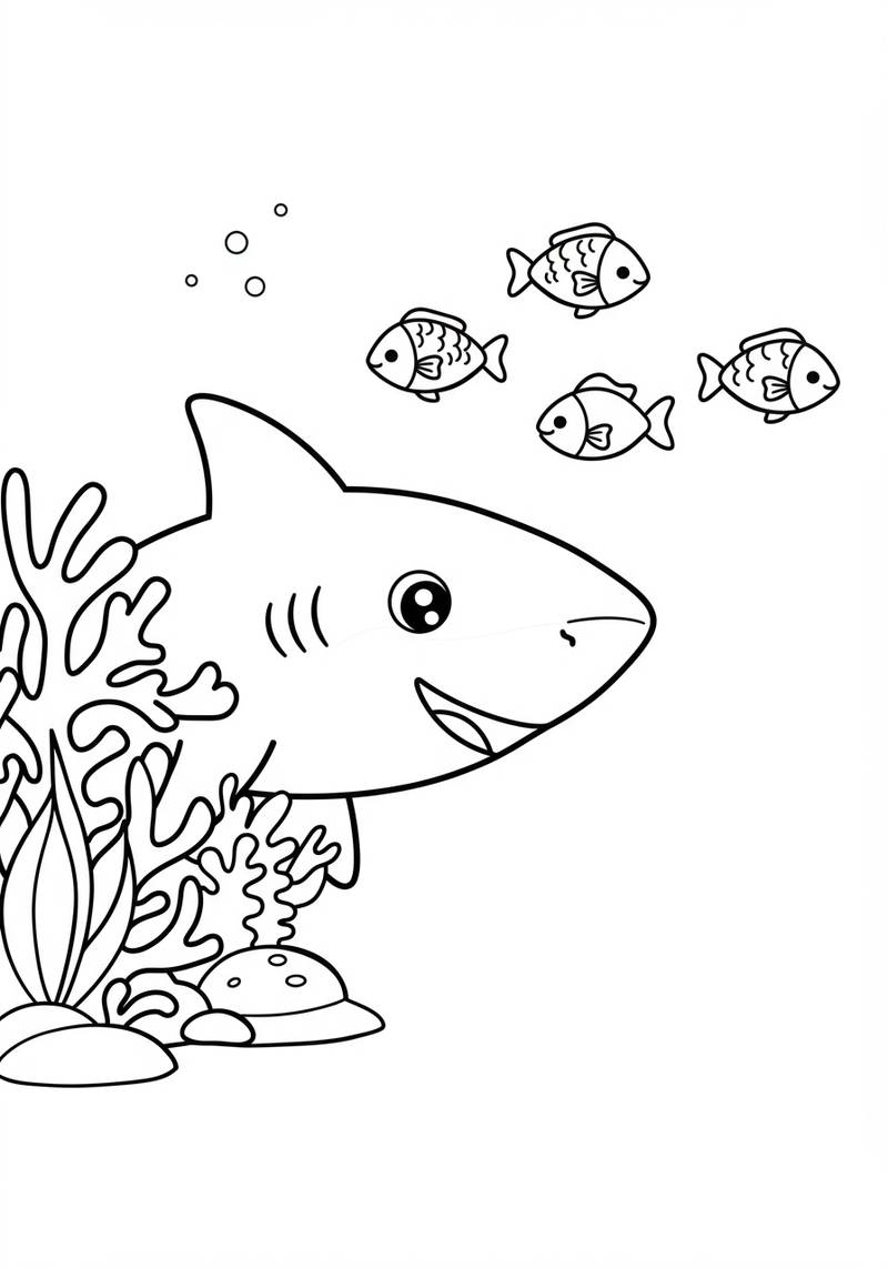 Página para colorear de un tiburón feliz con una gran sonrisa, rodeado de cuatro pequeños peces que nadan sobre corales y plantas marinas.