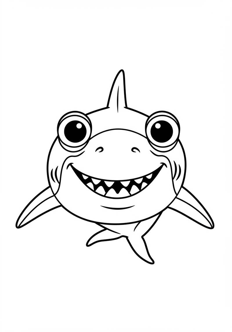 Página para colorear de un tiburón sonriendo con ojos grandes y dientes afilados
