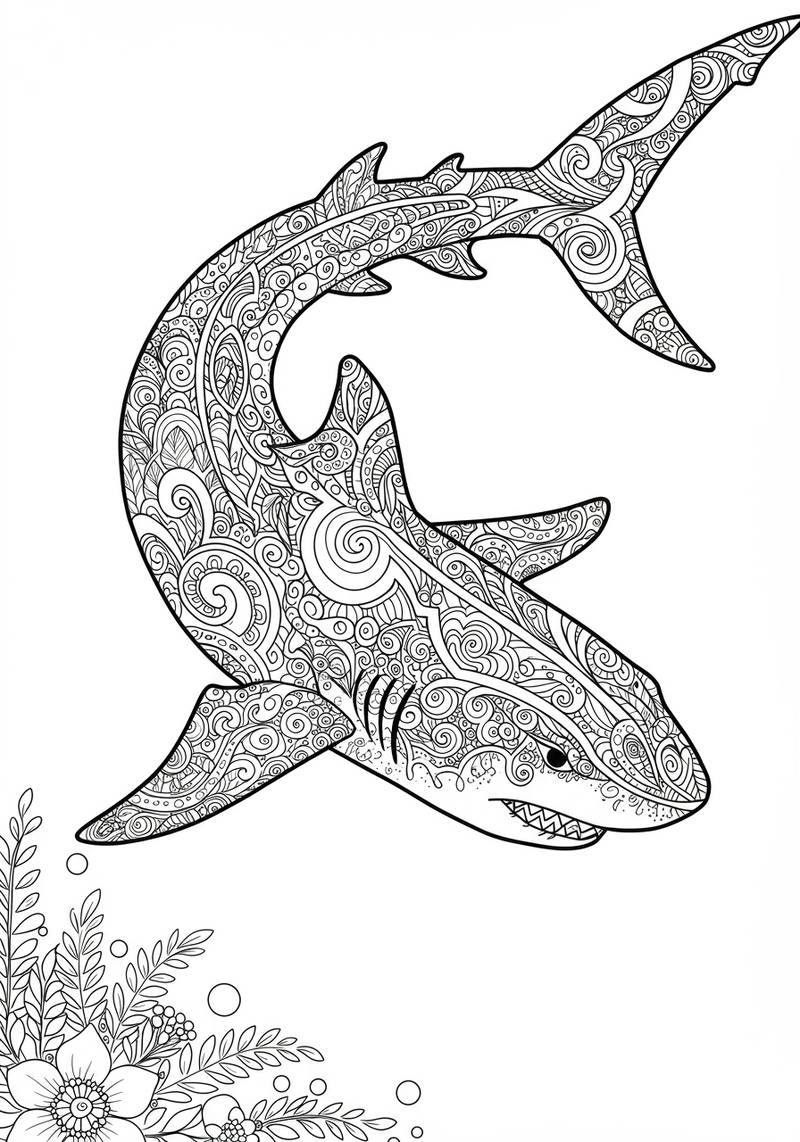 Página para colorear en blanco y negro de un tiburón detallado y ornamentado nadando sobre plantas marinas.