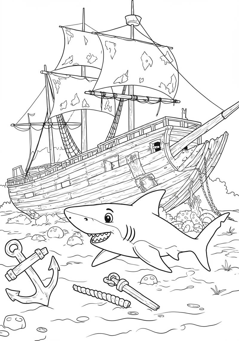 Página para colorear de un tiburón sonriendo con parche en el ojo, Nadando cerca de un naufragio con un barco pirata en el fondo.