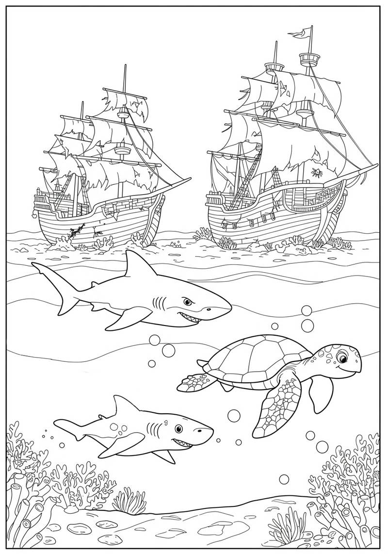 Página para colorear de dos barcos piratas en el océano con tiburones y una tortuga nadando abajo.
