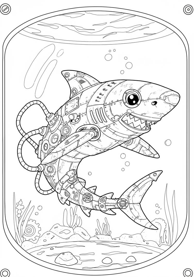 Página para colorear de un tiburón robótico nadando en el océano con plantas y rocas en el fondo.