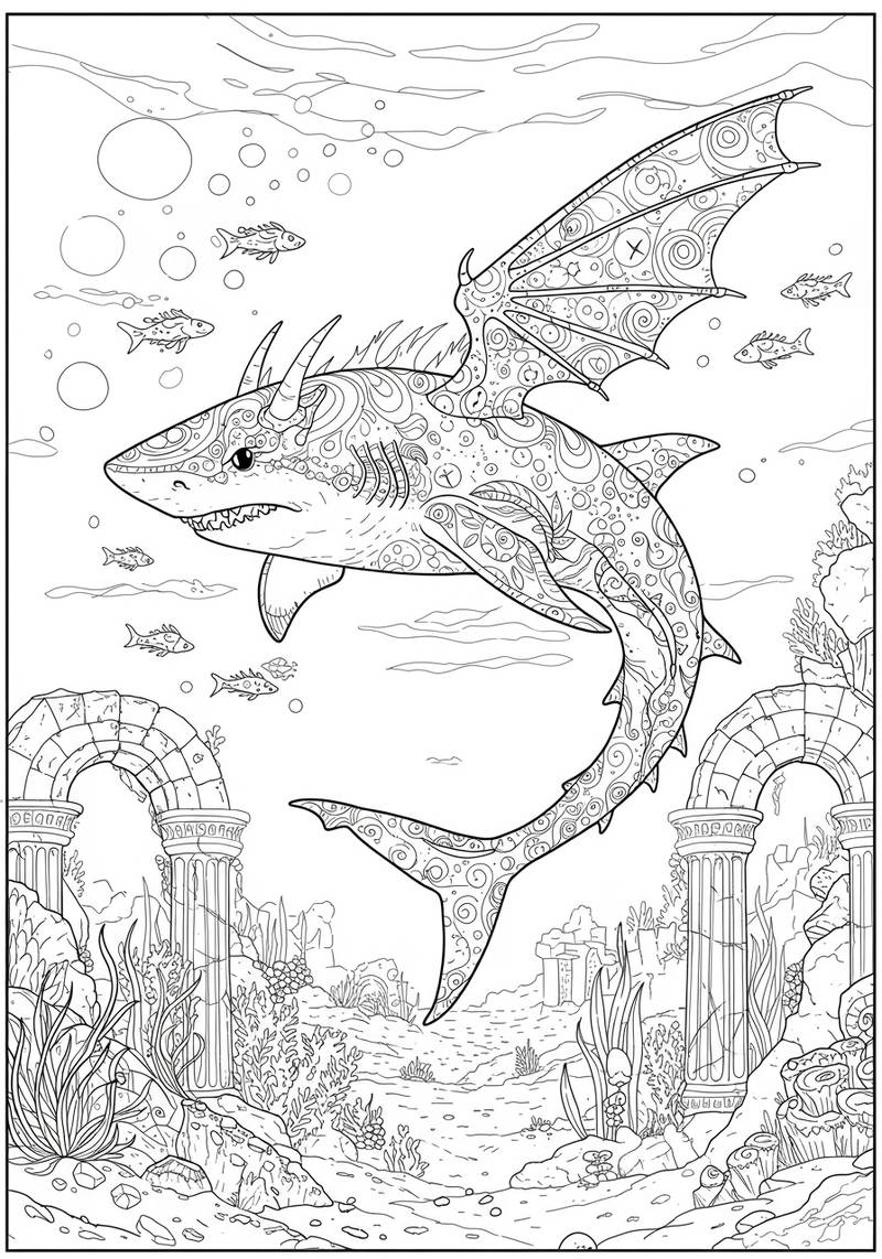 Página para colorear de un gran dragón acuático nadando bajo el agua entre peces y plantas marinas.