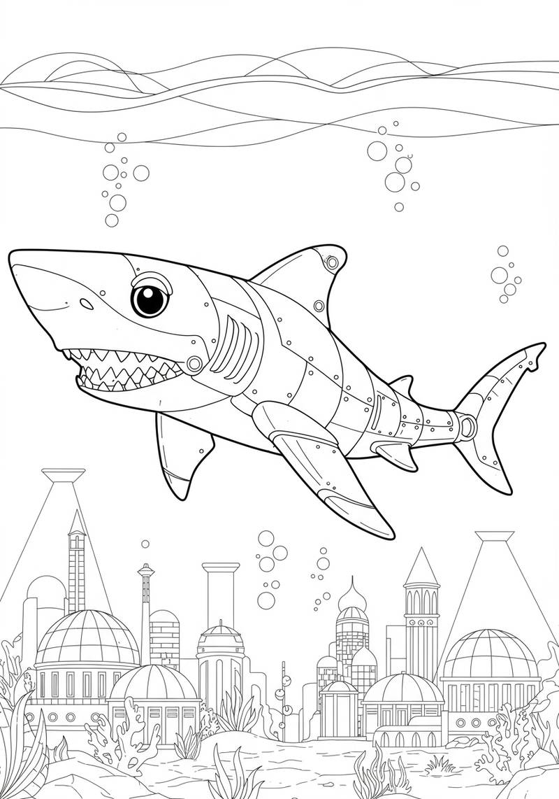 Página para colorear de un monstruo marino grande que se asemeja a un tiburón robot nadando sobre una ciudad submarina.