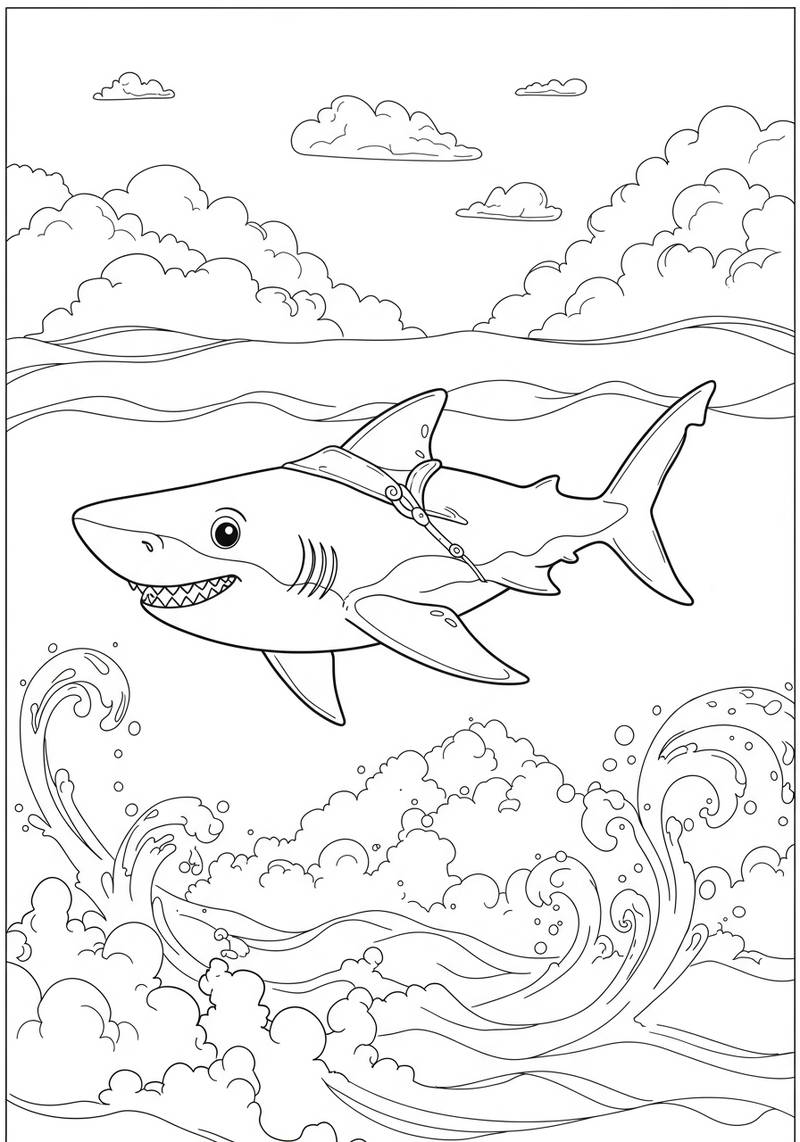 Página para colorear de un tiburón sonriendo nadando en el océano con olas y nubes en el fondo.