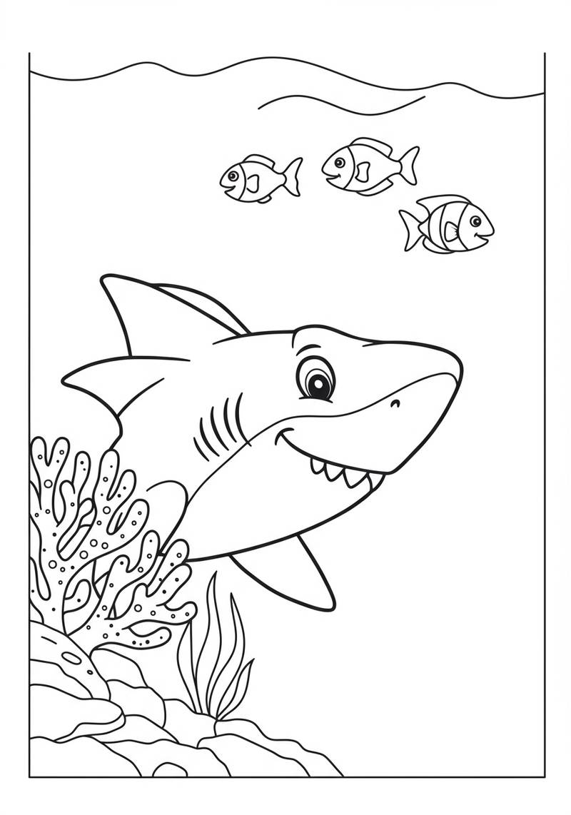 Página para colorear que muestra un gran tiburón nadando bajo el agua con tres peces pequeños en el fondo.