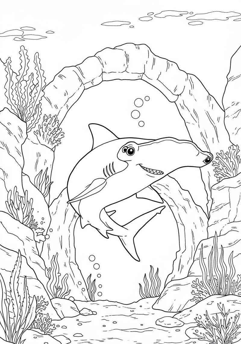 Página para colorear de un tiburón amigable nadando a través de un arco submarino con coral y plantas marinas.