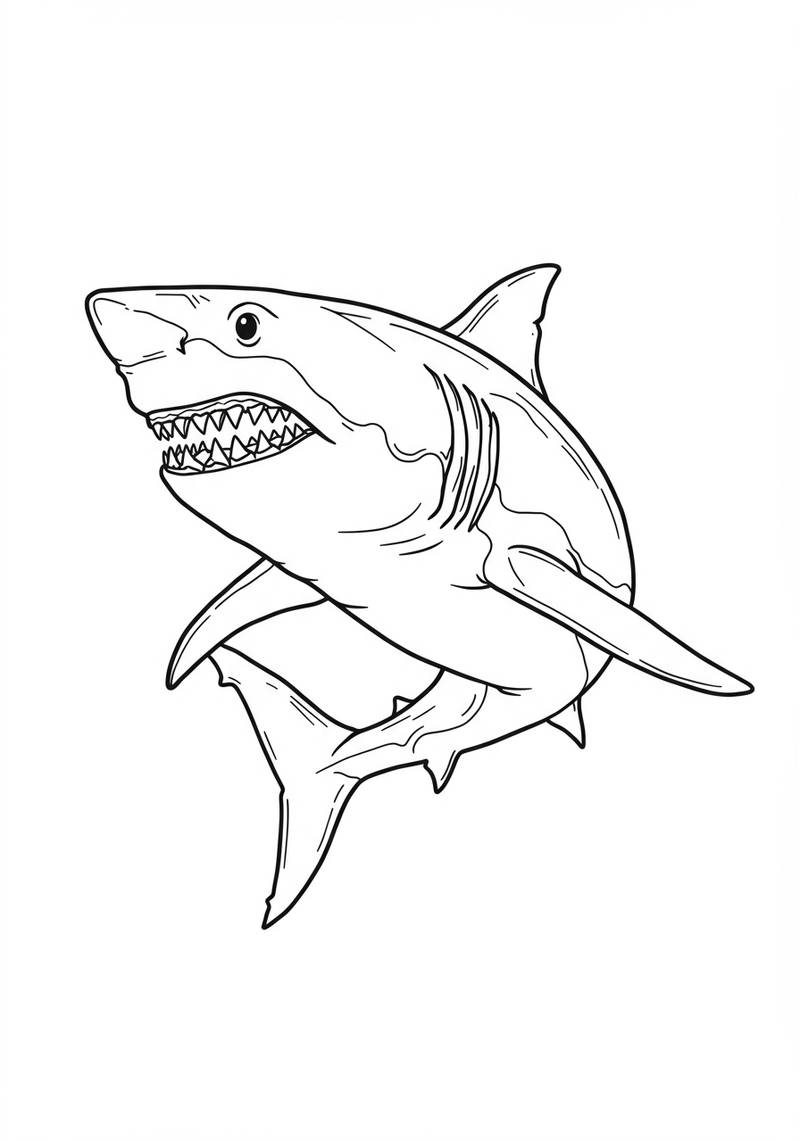 Página para colorear en blanco y negro de un tiburón de aspecto feroz con dientes afilados.
