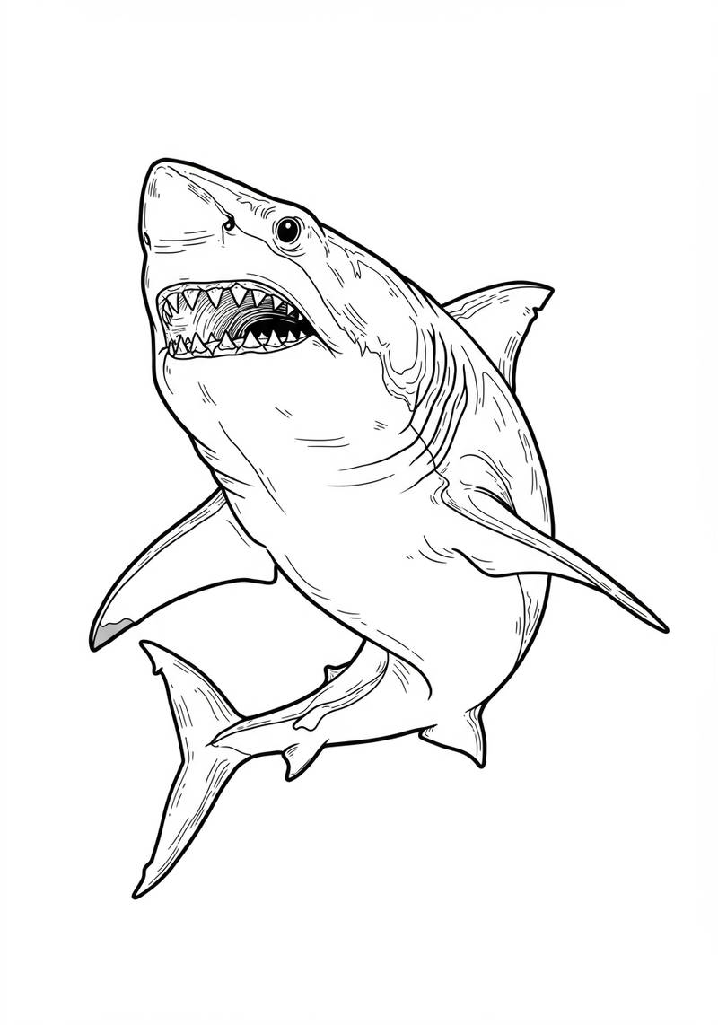 Página para colorear en blanco y negro de un tiburón feroz con la boca abierta.