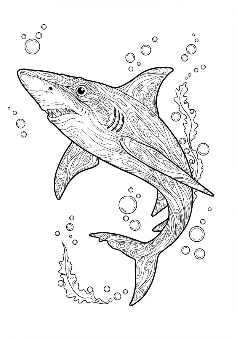 Página para colorear en blanco y negro de un tiburón nadando bajo el agua con burbujas y plantas acuáticas.