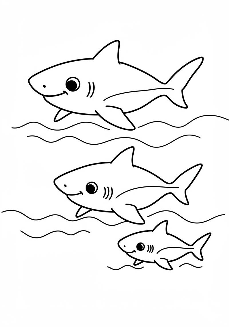 Página para colorear de tres tiburones nadando en el agua.