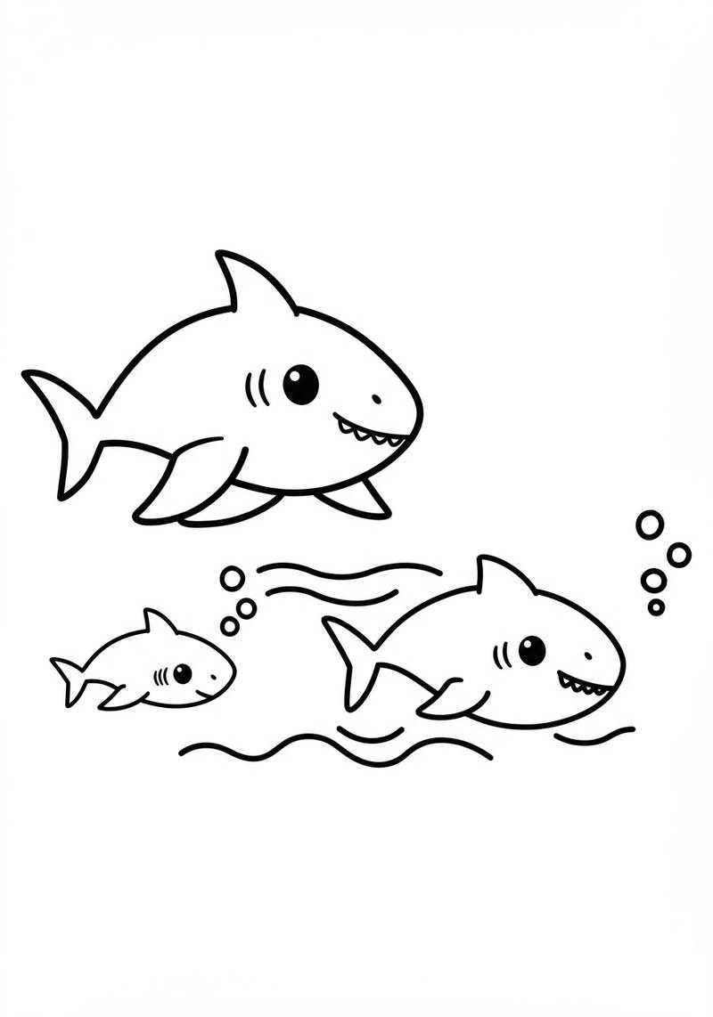Página para colorear de una familia de tiburones nadando en el océano.