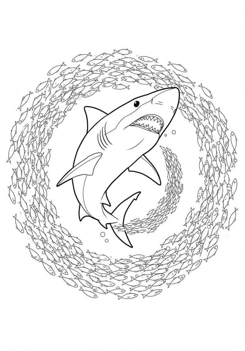 Página para colorear de un gran tiburón rodeado por un remolino de peces más pequeños.