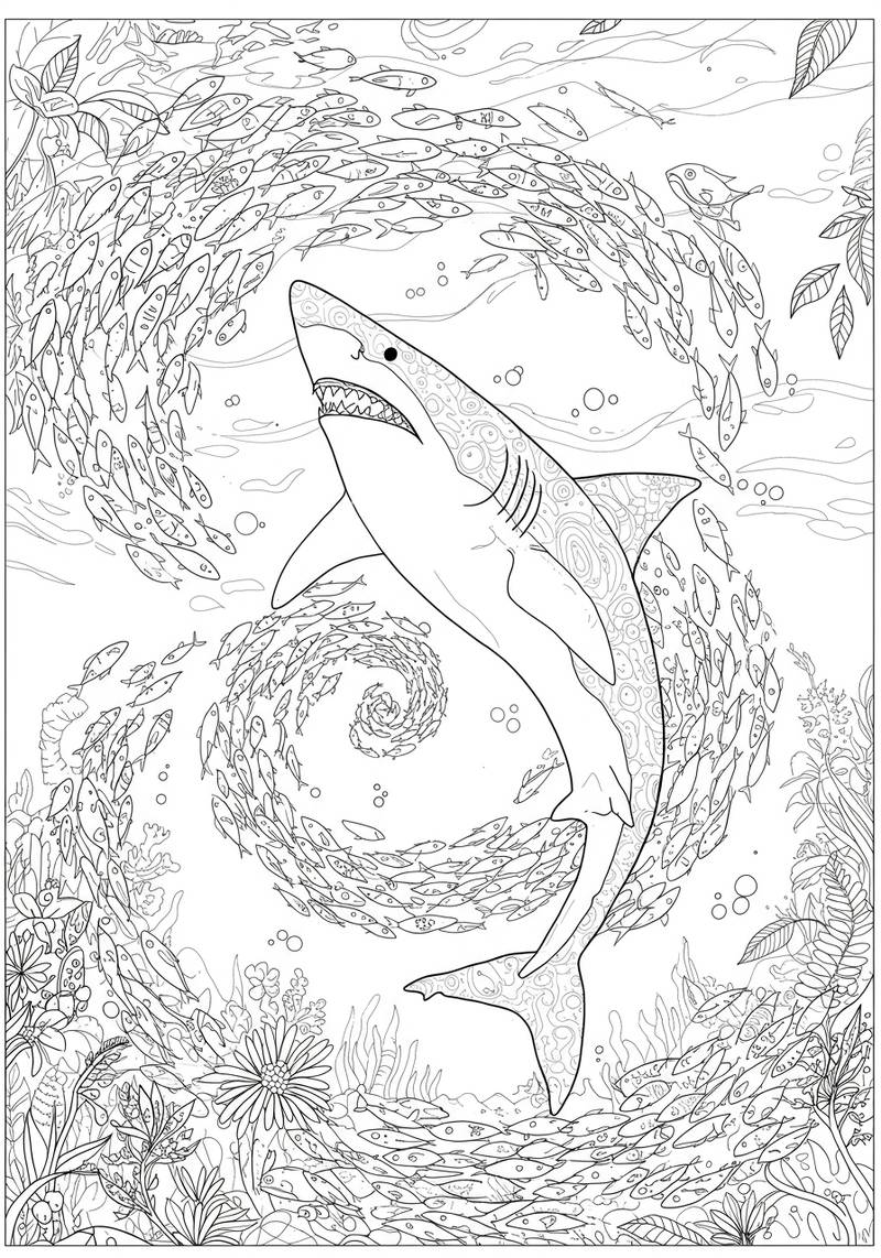 Página para colorear de un gran tiburón nadando en el océano con un grupo de peces pequeños a su alrededor.