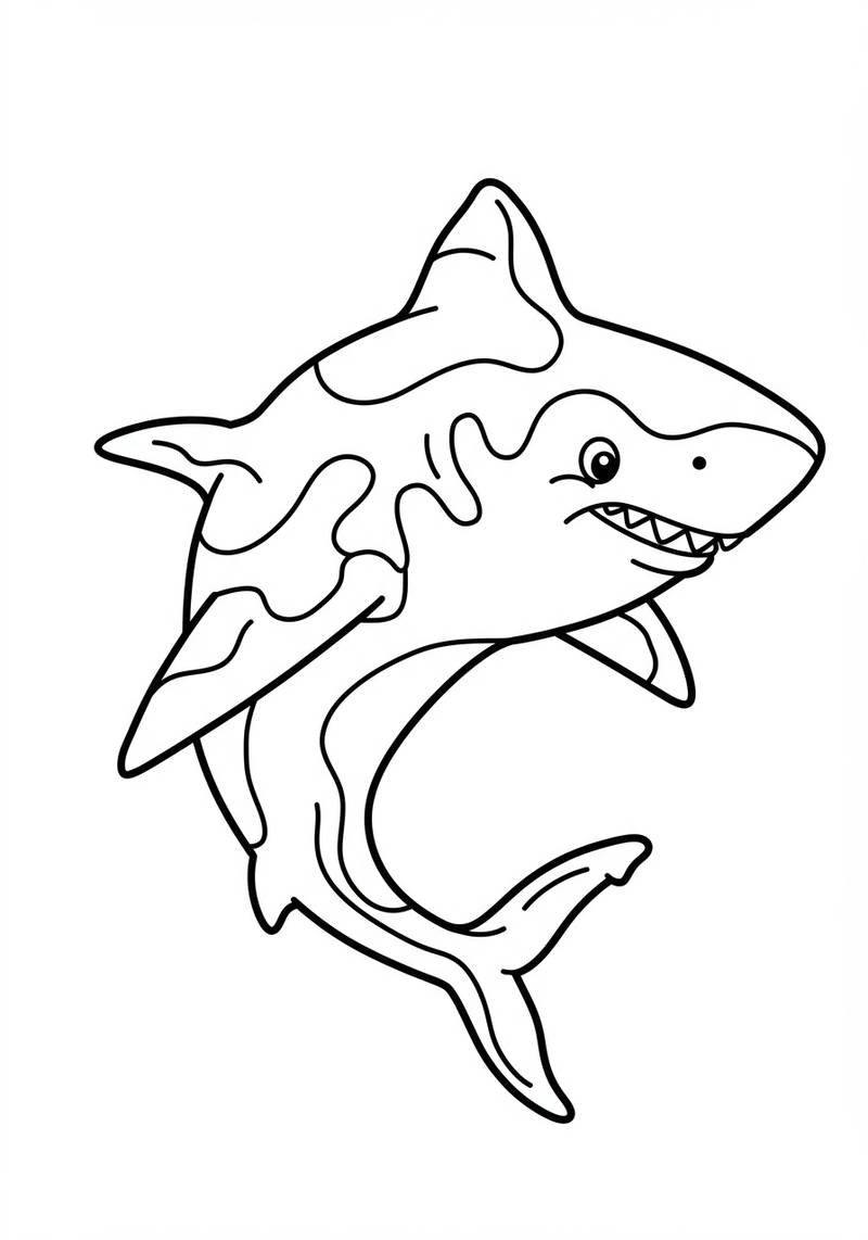 Página para colorear de un pez tiburón de dibujos animados con dientes afilados y una expresión amigable.