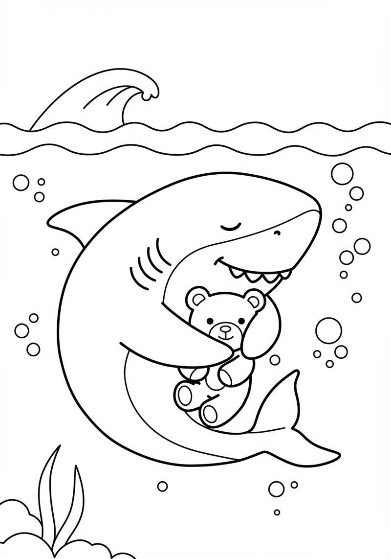 Página para colorear de un tiburón amigable abrazando a un oso lindo bajo el agua con burbujas y algas marinas.