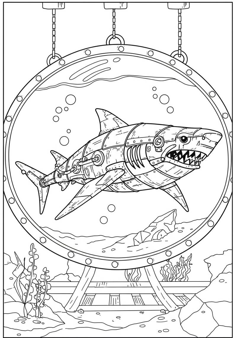 Página para colorear de un tiburón feroz nadando dentro de un gran acuario de cristal con plantas acuáticas y rocas.