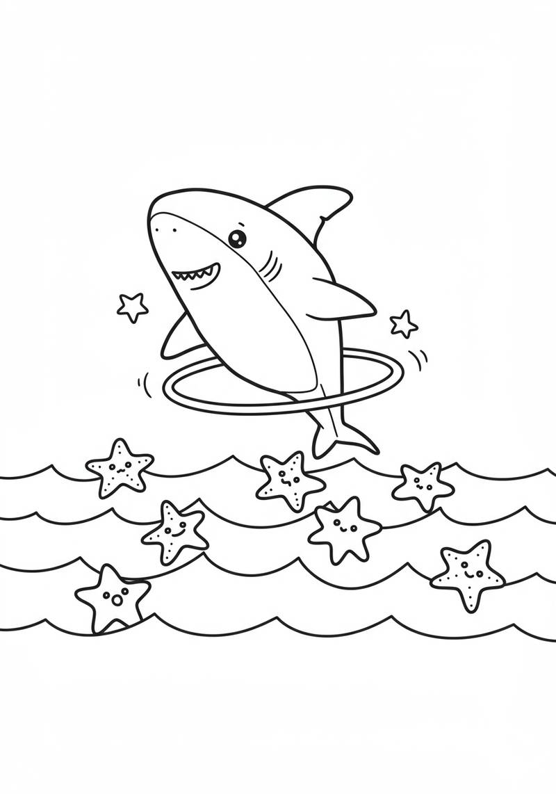 Página para colorear de un tiburón alegre saltando del agua rodeado de estrellas de mar.