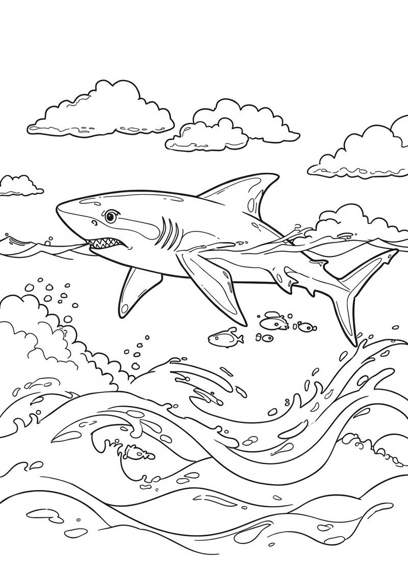 Página para colorear de un tiburón nadando en el océano con olas y nubes.