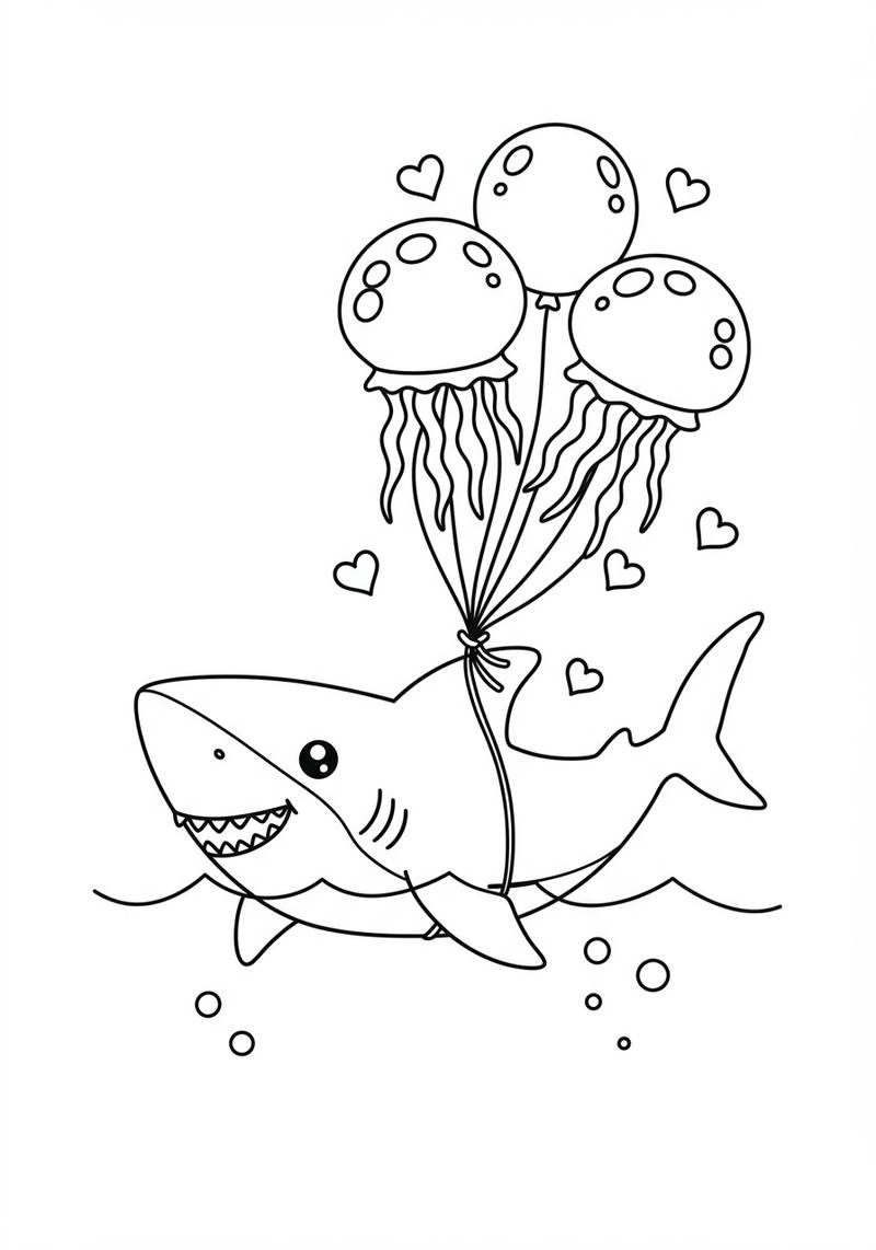 Página para colorear de un tiburón amigable sosteniendo globos con forma de medusa con corazones flotando alrededor.