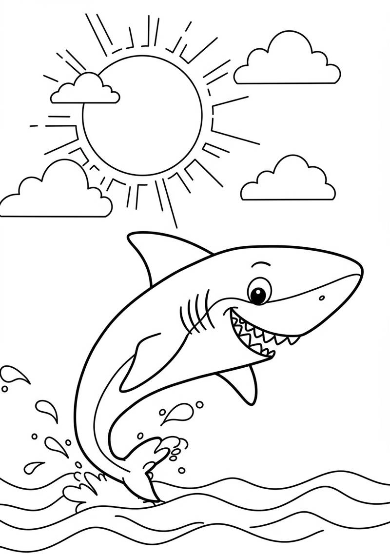 Página para colorear de un tiburón alegre saltando del agua con una gran sonrisa y dientes afilados, bajo un cielo soleado con nubes.