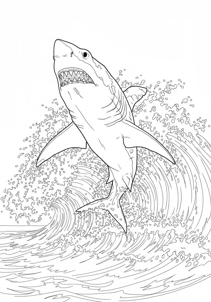 Página para colorear de un tiburón feroz saltando del agua del océano con salpicaduras alrededor.