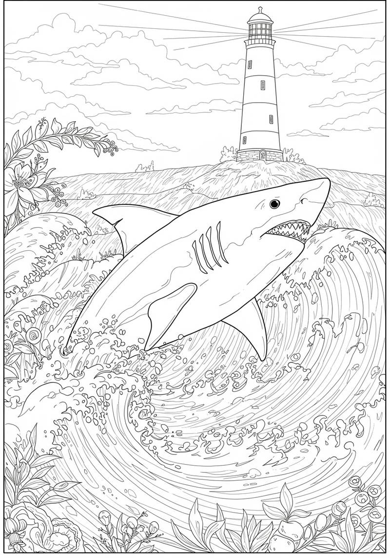 Página para colorear de un tiburón nadando en olas del océano con un faro en el fondo.
