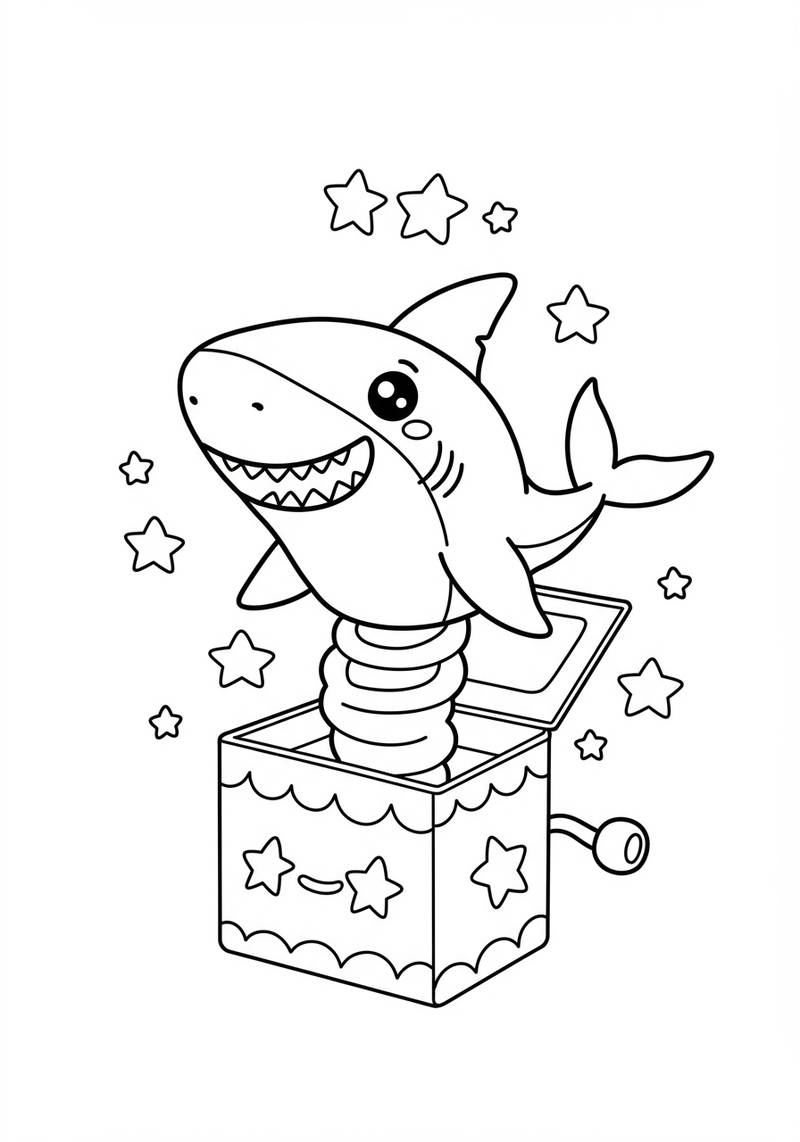 Página para colorear de un tiburón adorable que emerge de una caja mágica.