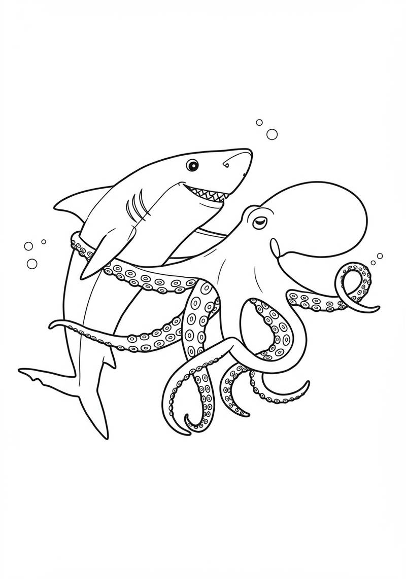 Página para colorear de un tiburón y un pulpo juguetones bajo el agua.
