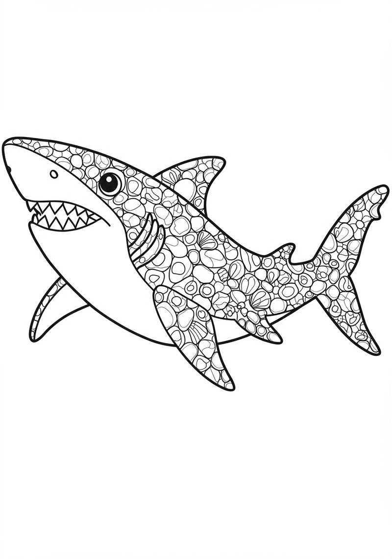 Página para colorear de un tiburón amigable con un patrón de círculos y conchas.