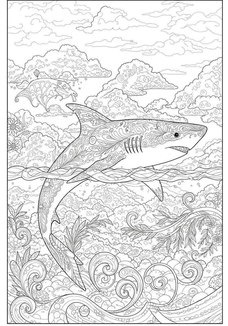 Página para colorear de un tiburón grande y detallado nadando en el océano con olas y nubes.