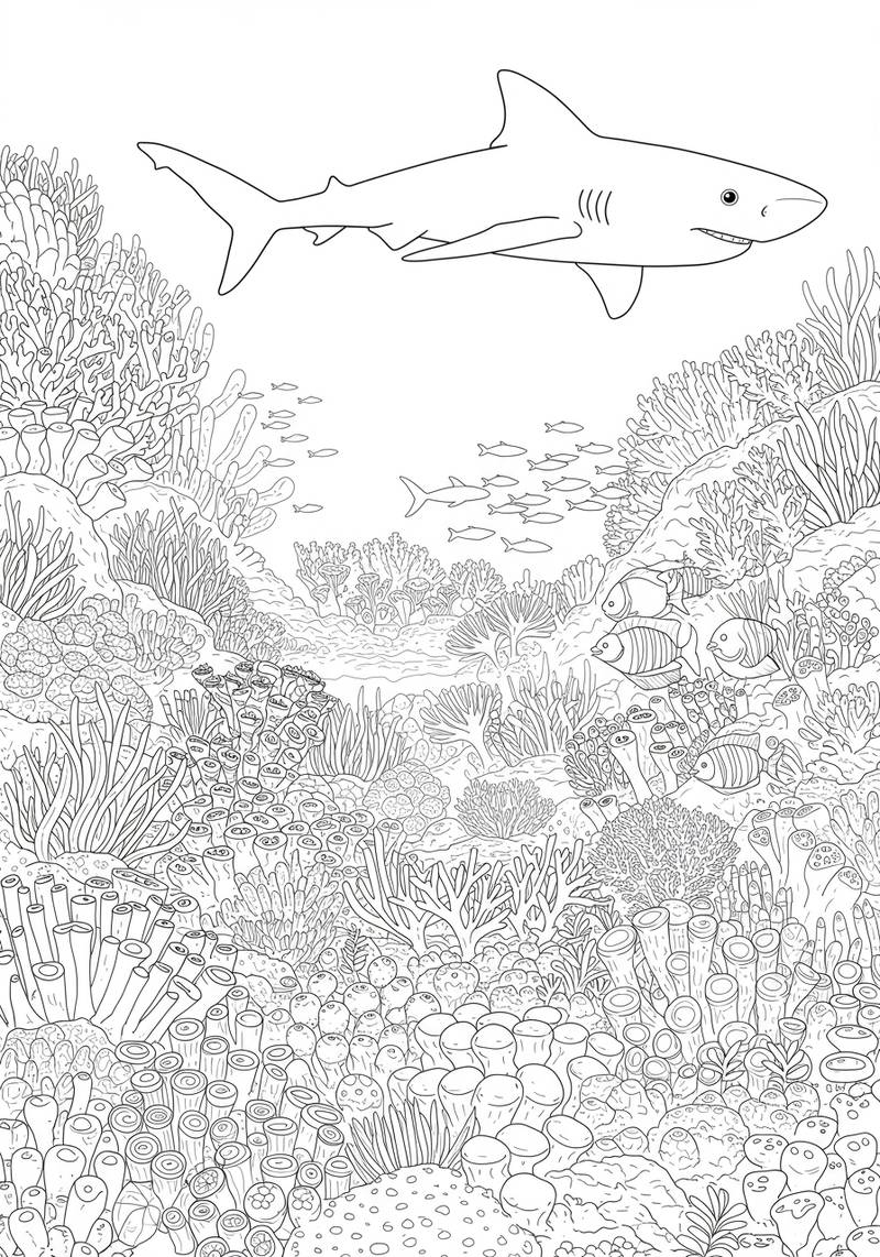 Página para colorear de un tiburón nadando sobre un vibrante arrecife de coral con varios peces.